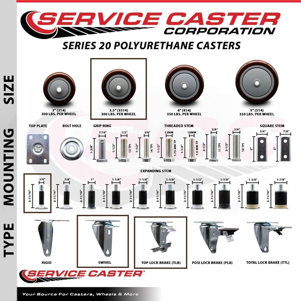 Service Caster 3.5'' SS Maroon Poly Swivel 3/4'' Expanding Stem Caster Set with Brake, 4PK SCC-SSEX20S3514-PPUB-MRN-TLB-34-4 - main